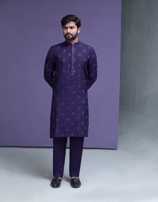 Dark Purple motif spread embroidered Kurta pyjama
