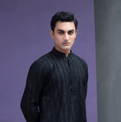 Black Zari Cotton Jacquard Kurta/Pyjama set