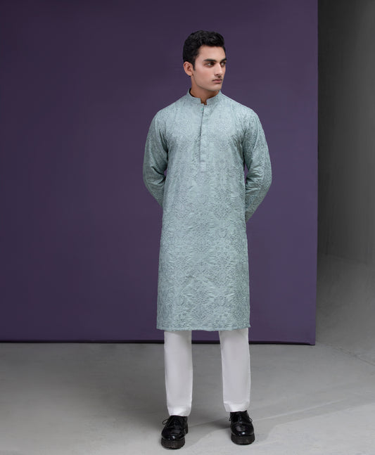 Sea foam Grey floral embroidered kurta pyjama set
