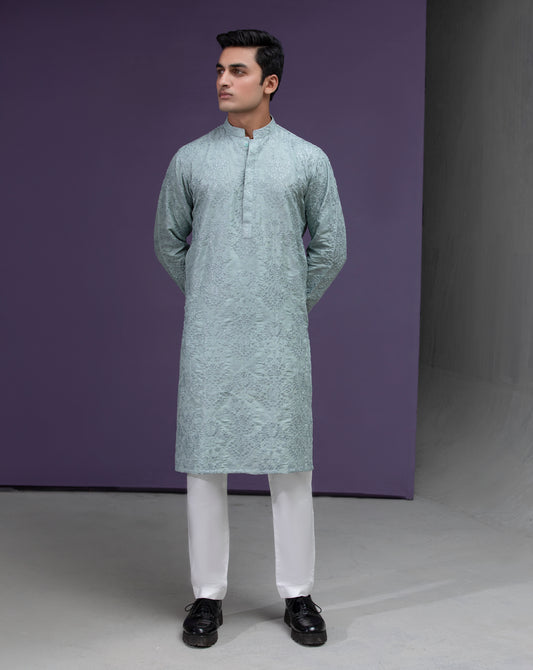 Sea foam Grey floral embroidered kurta pyjama set