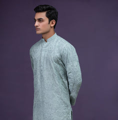 Sea foam Grey floral embroidered kurta pyjama set