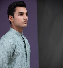 Sea foam Grey floral embroidered kurta pyjama set