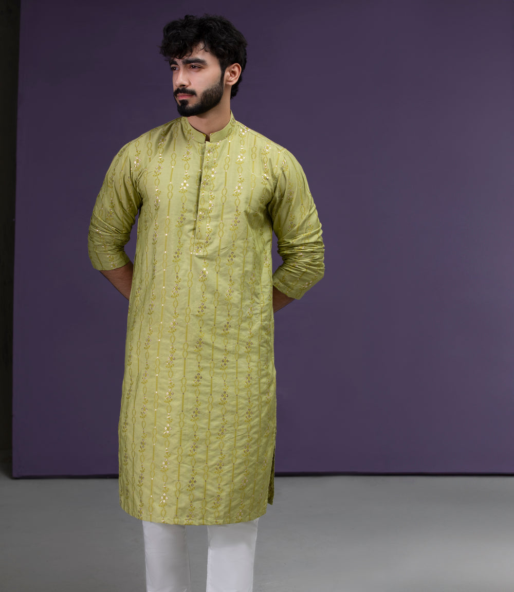 Olive Jacquard Kurta pyjama set