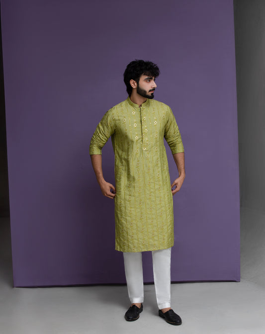 Olive Jacquard Kurta pyjama set