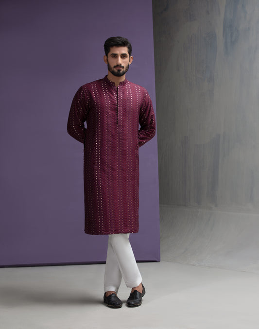 Maroon symmetrical cotton jacquard kurta set