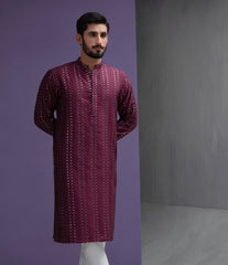 Maroon symmetrical cotton jacquard kurta set