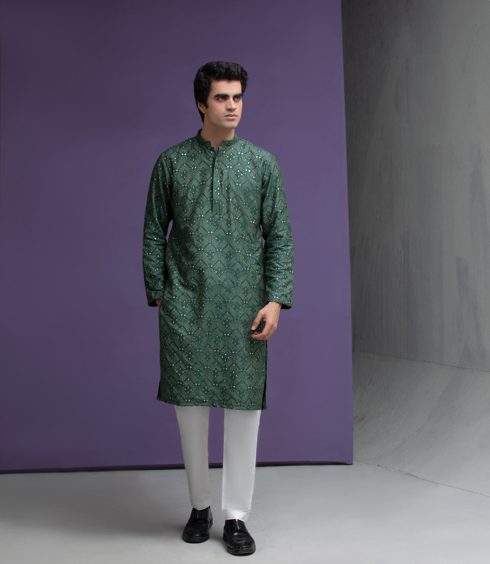 Emerald green & Gold cotton jacquard kurta set