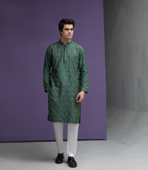 Emerald green & Gold cotton jacquard kurta set