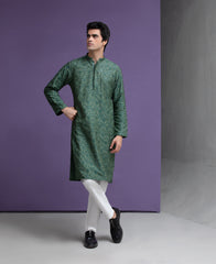 Emerald green & Gold cotton jacquard kurta set