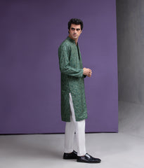 Emerald green & Gold cotton jacquard kurta set