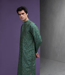 Emerald green & Gold cotton jacquard kurta set