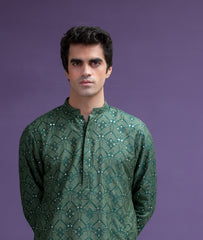 Emerald green & Gold cotton jacquard kurta set