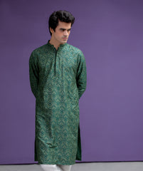 Emerald green & Gold cotton jacquard kurta set