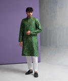 Parrot green cotton jacquard kurta set.
