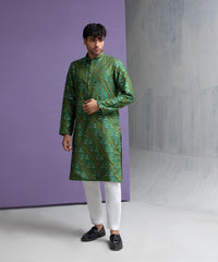 Parrot green cotton jacquard kurta set.