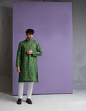 Parrot green cotton jacquard kurta set.