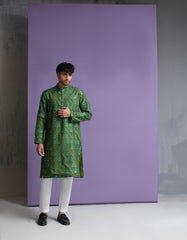 Parrot green cotton jacquard kurta set.