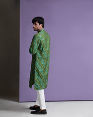 Parrot green cotton jacquard kurta set.