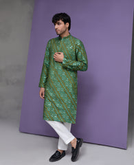 Parrot green cotton jacquard kurta set.