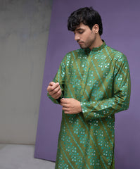 Parrot green cotton jacquard kurta set.