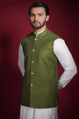 Olive Green Diamond Texture Waistcoat Kurta Set.