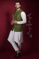 Olive Green Diamond Texture Waistcoat Kurta Set.