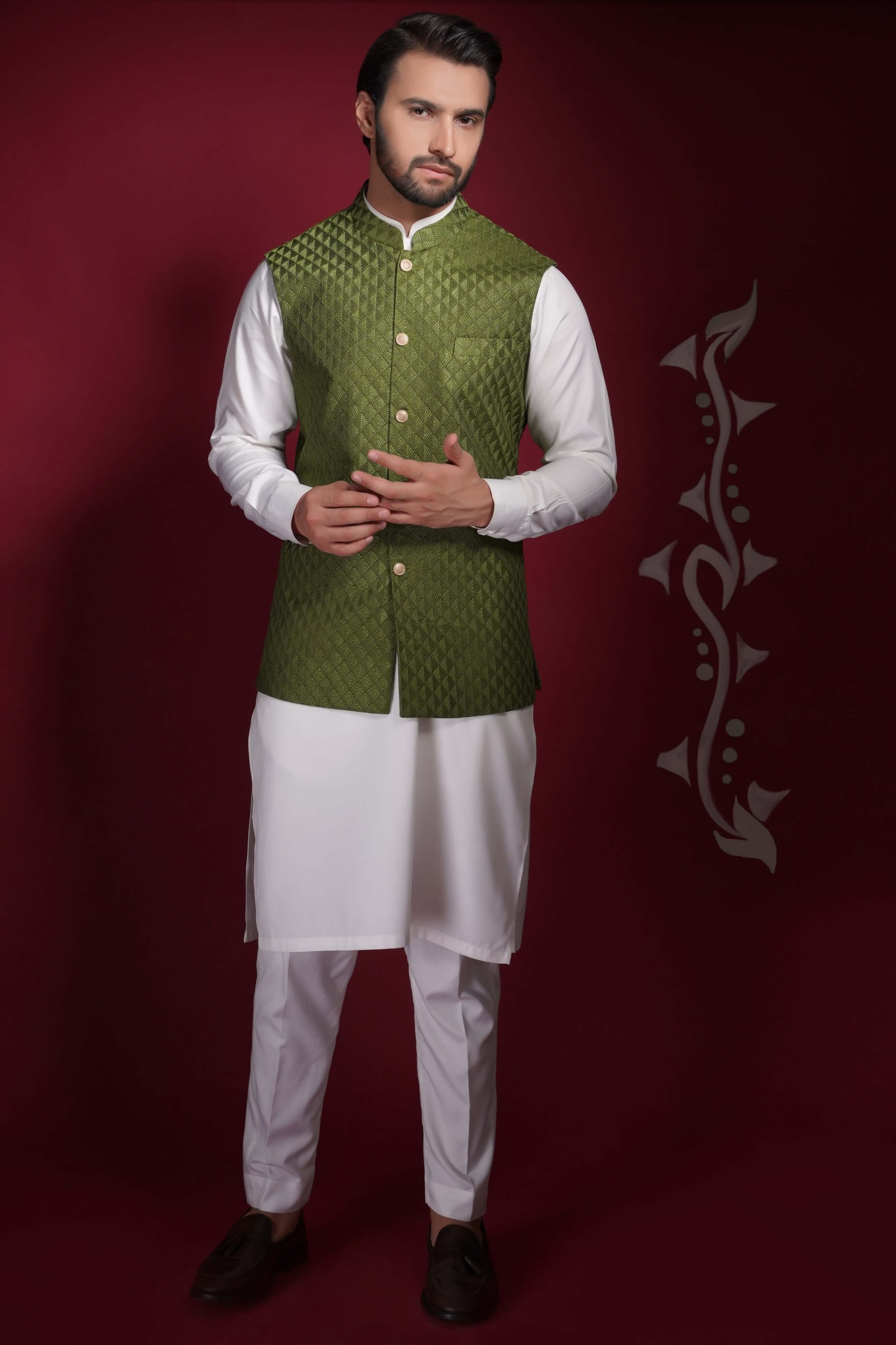Olive Green Diamond Texture Waistcoat Kurta - Main Image