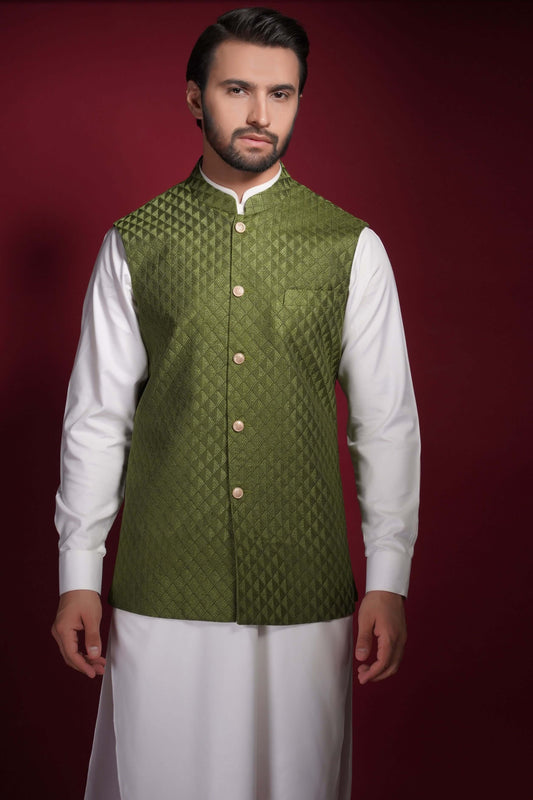 Olive Green Diamond Texture Waistcoat Kurta Set.