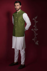 Olive Green Diamond Texture Waistcoat Kurta Set.