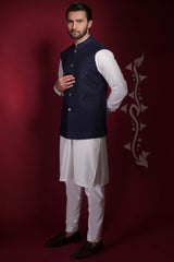 Navy Blue Diamond Textured Waistcoat Kurta Set.