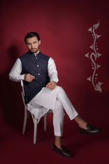 Navy Blue Diamond Textured Waistcoat Kurta Set.