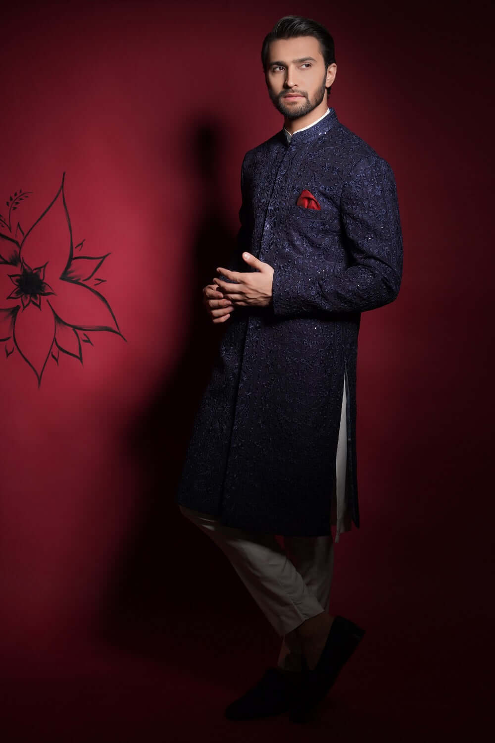 Midnight Blue Resham Embroidered Sherwani 