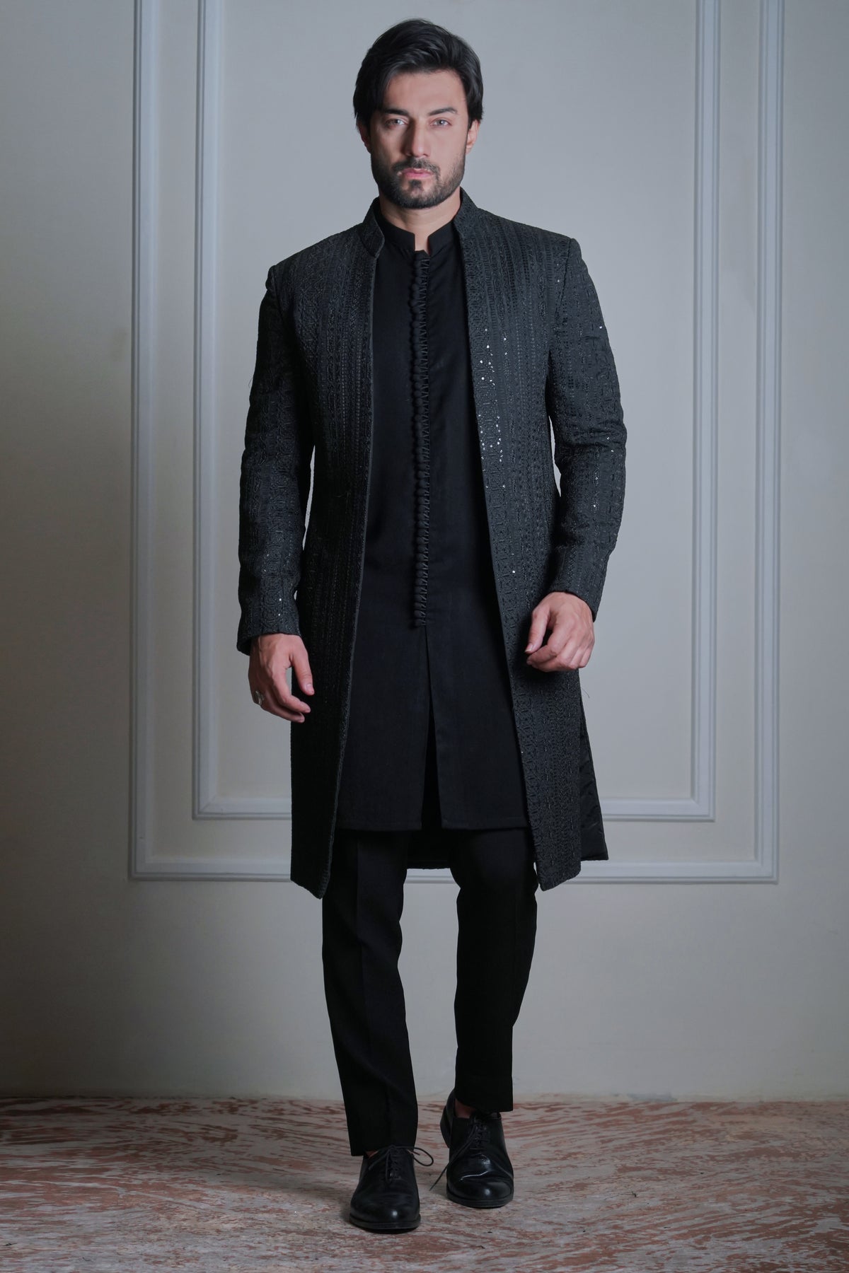 Aamad - All black on black front open sherwani set with inner kurta and pyjama pants
