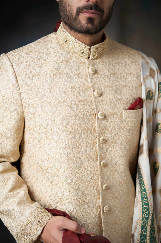 Gold Rawsilk Sherwani with Silk Shawl