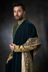 Green Sherwani with Velvet Shawl For Men