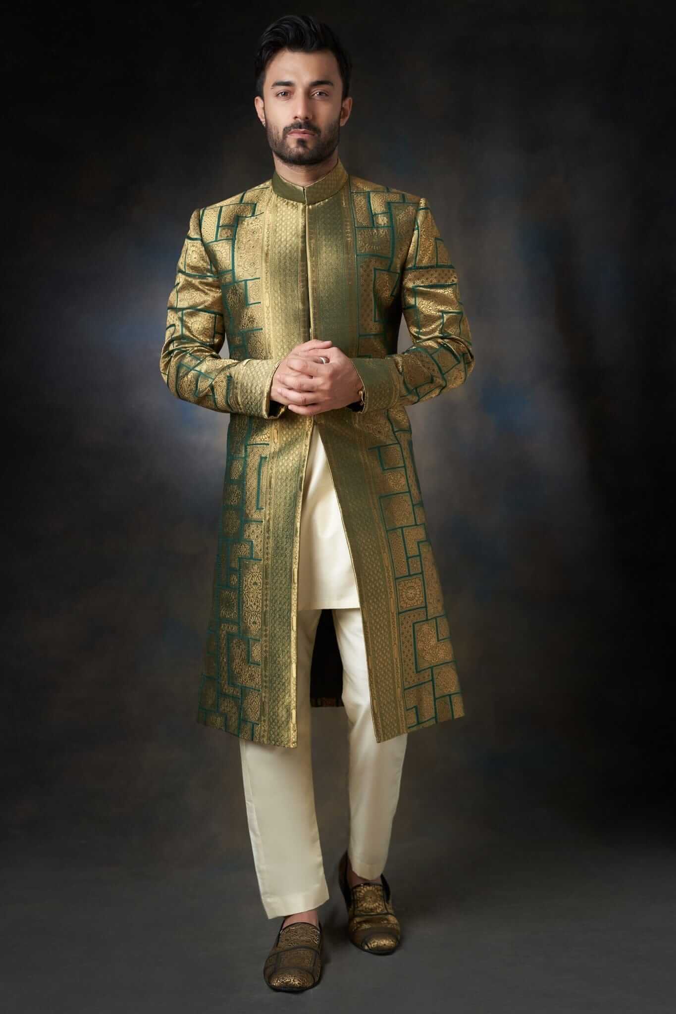 Green Sherwani with Velvet Shawl For Men