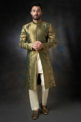 Green Sherwani with Velvet Shawl For Men