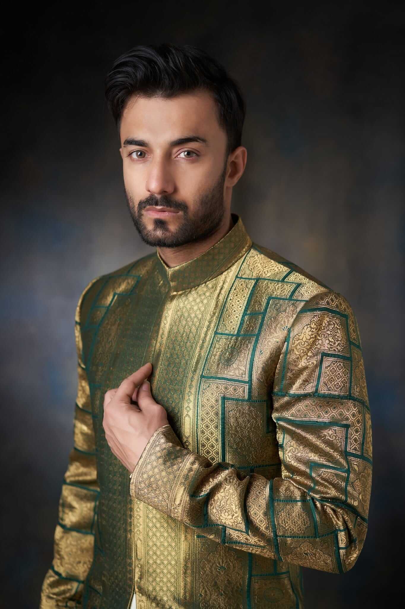 Green Sherwani with Velvet Shawl For Men