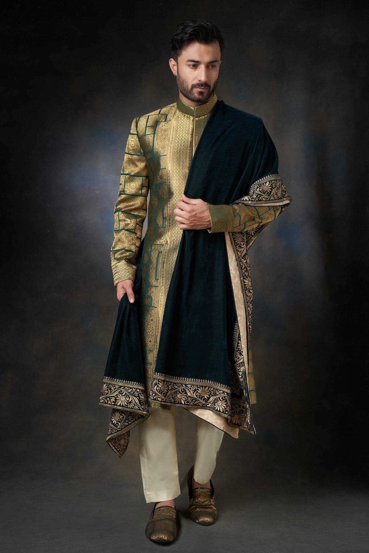 Green Sherwani with Velvet Shawl For Men