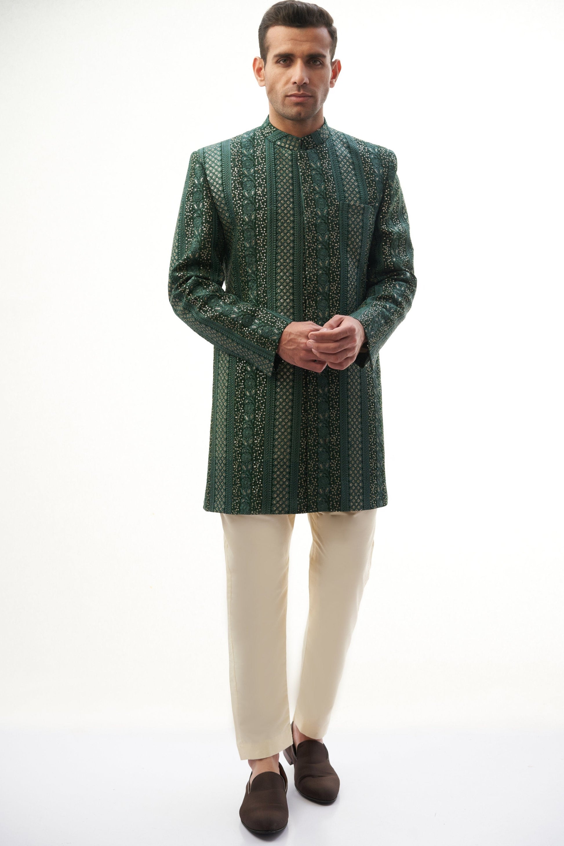  Green & Gold Short-Length Sherwani with Sequins
