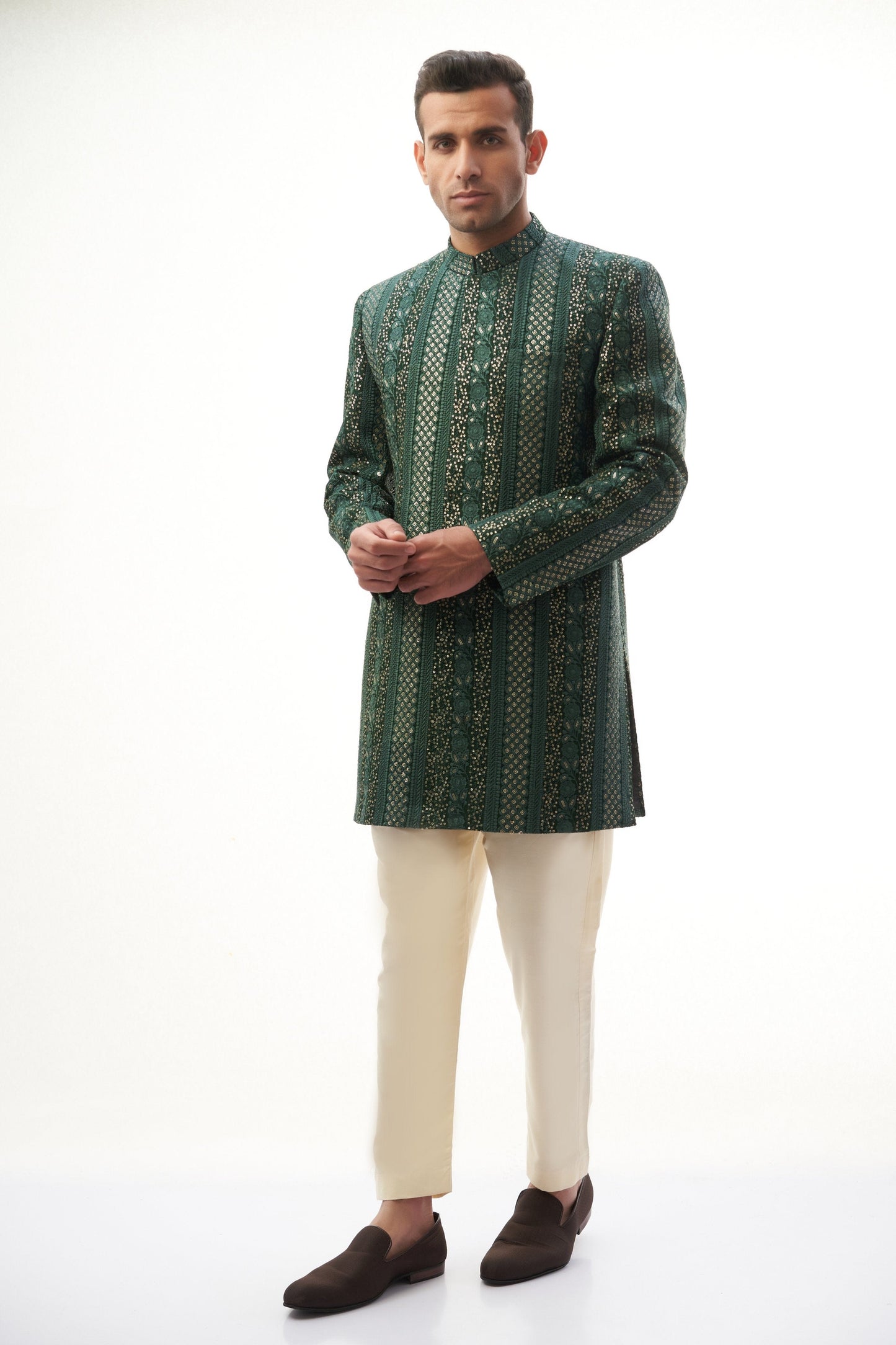  Green & Gold Short-Length Sherwani with Sequins