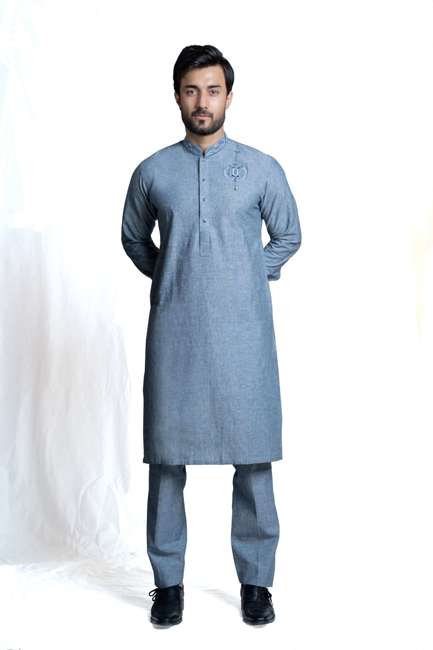 Grey Blue Linen Kurta Pant 