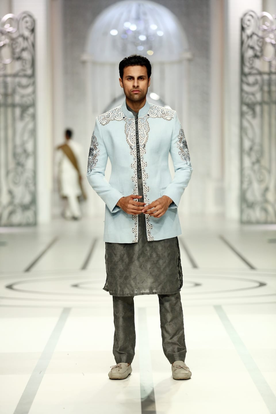 Ice Blue Embroidered  Prince Jacket for Men