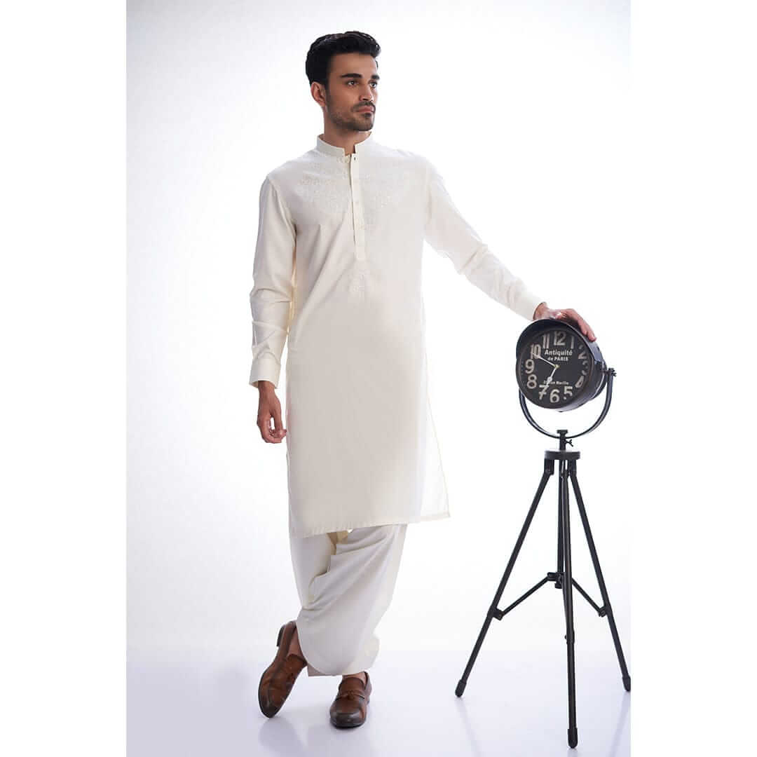 Ivory Embroidered White Mens Shalwar Kameez 