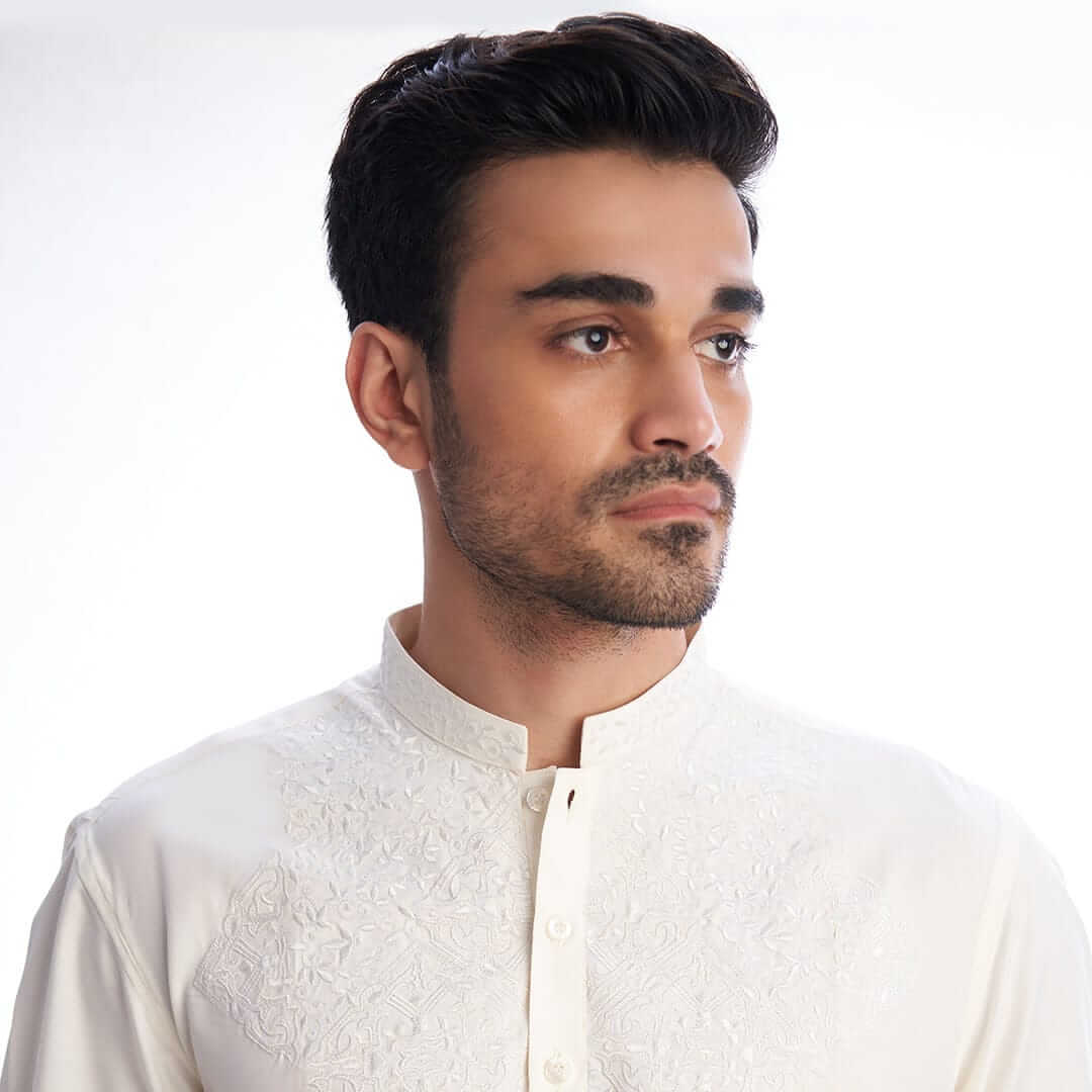 Ivory Embroidered White Mens Shalwar Kameez 