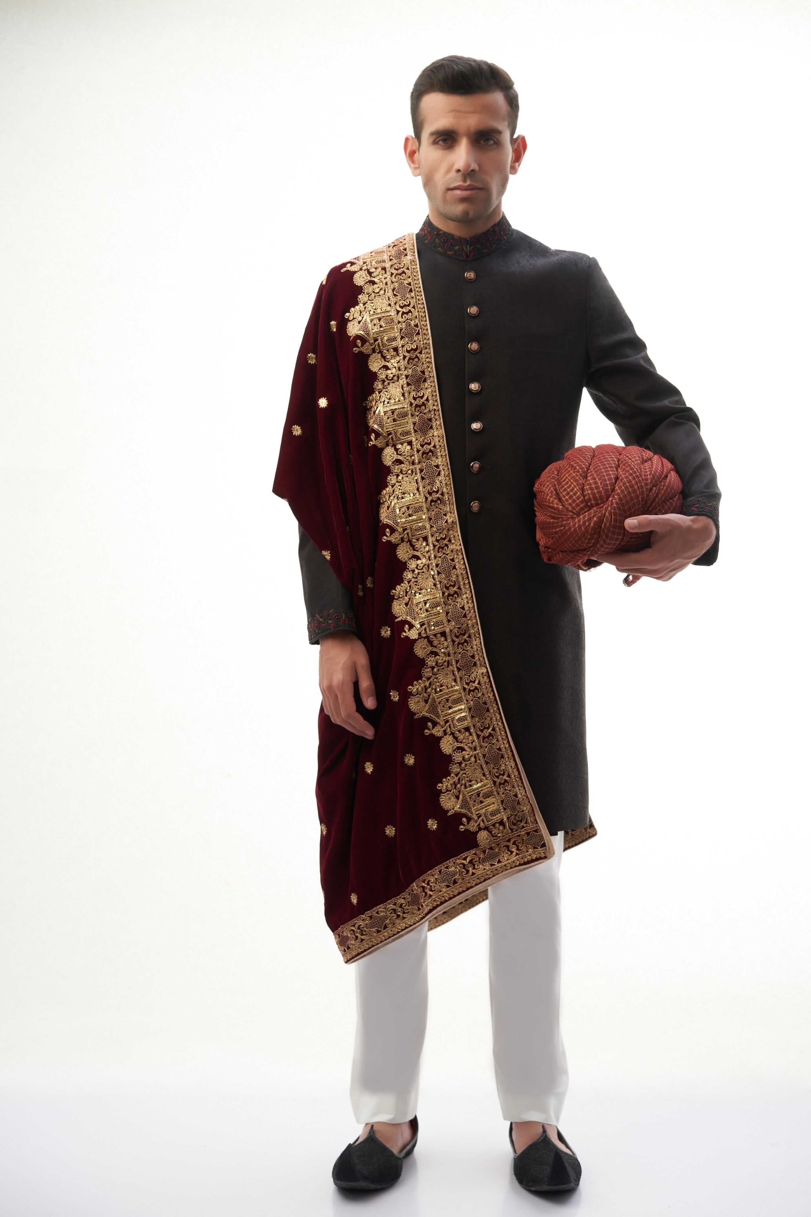 Jet Black Brocade Silk Sherwani