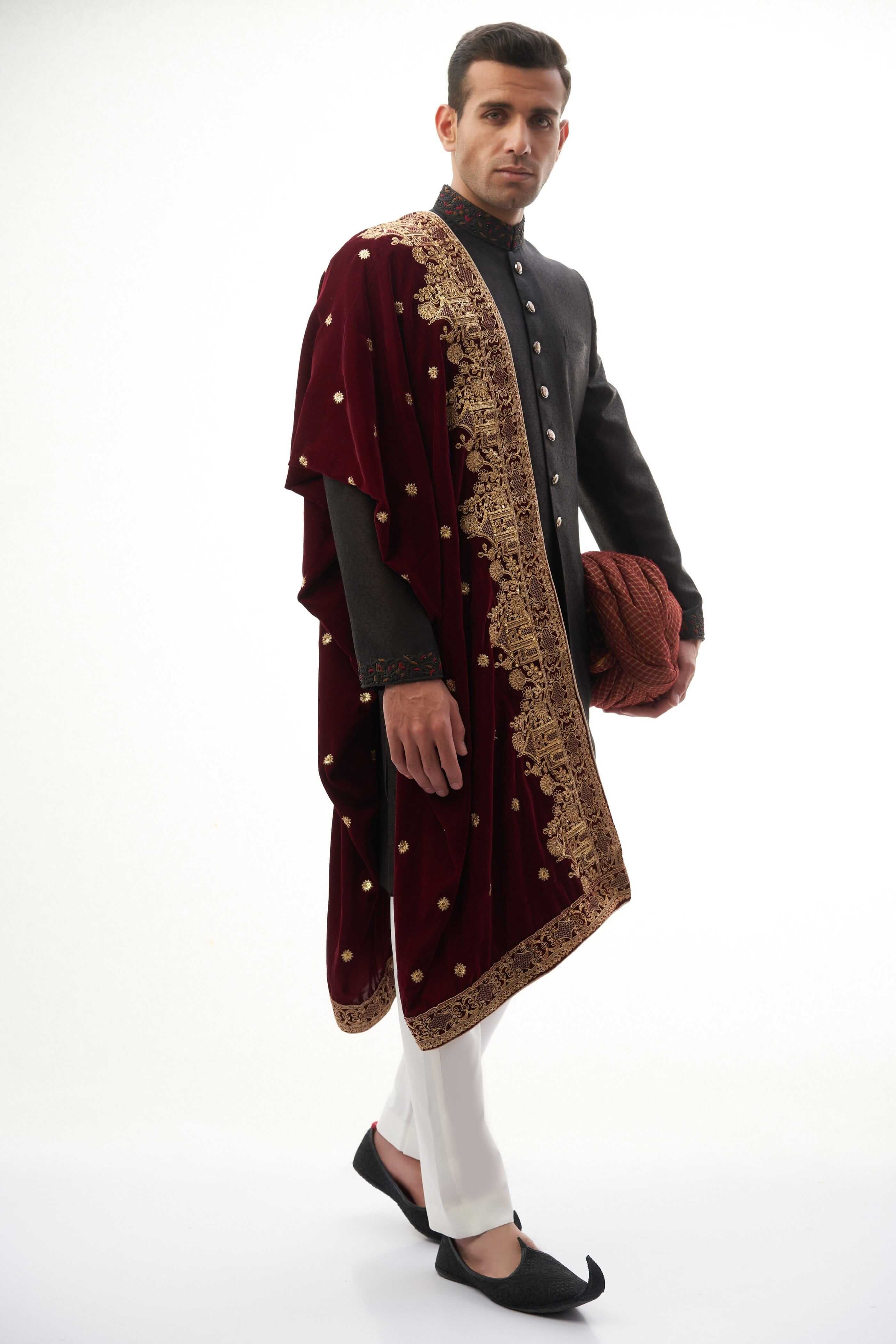 Jet Black Brocade Silk Sherwani