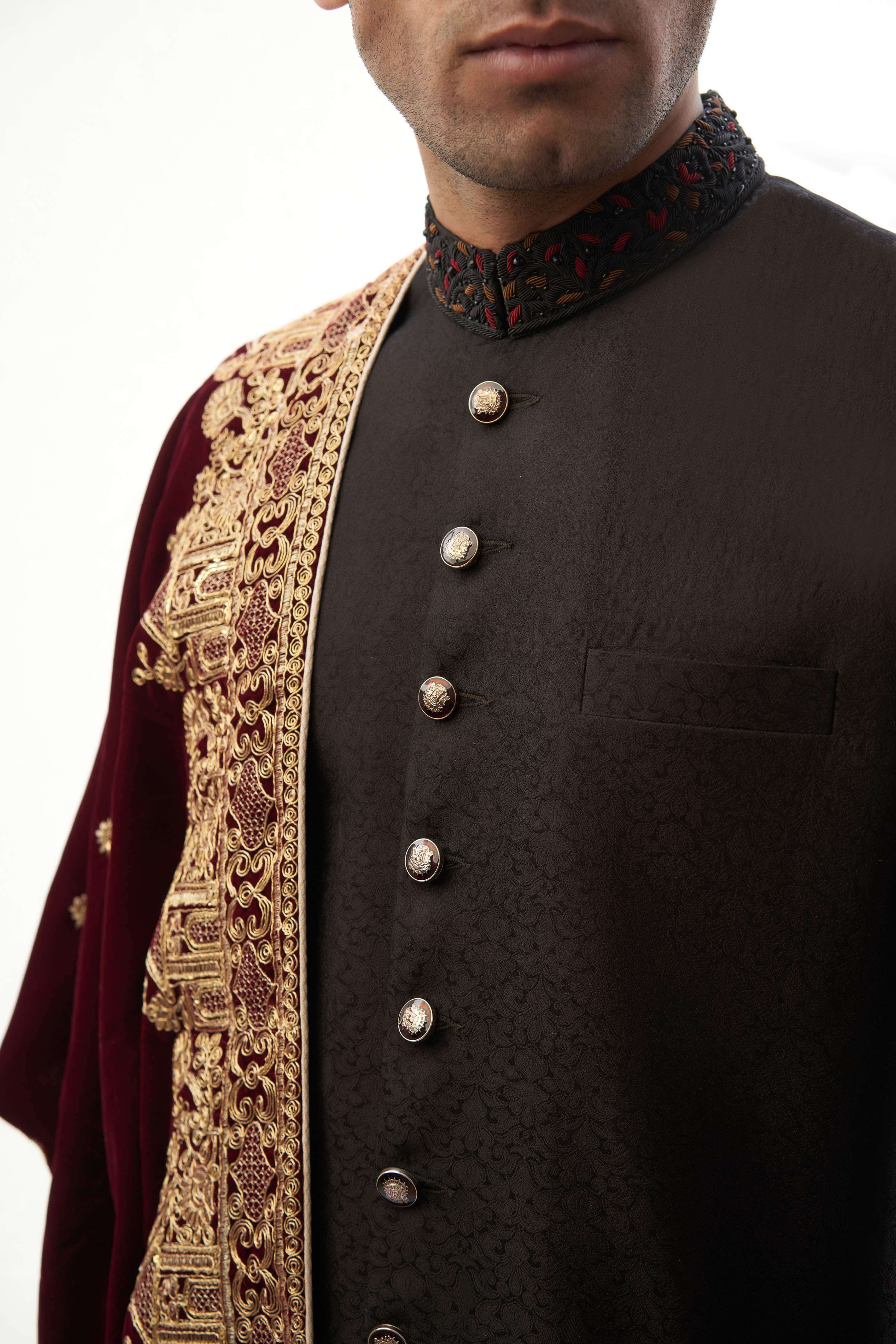 Jet Black Brocade Silk Sherwani