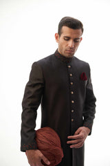 Jet Black Brocade Silk Sherwani