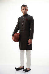 Jet Black Brocade Silk Sherwani